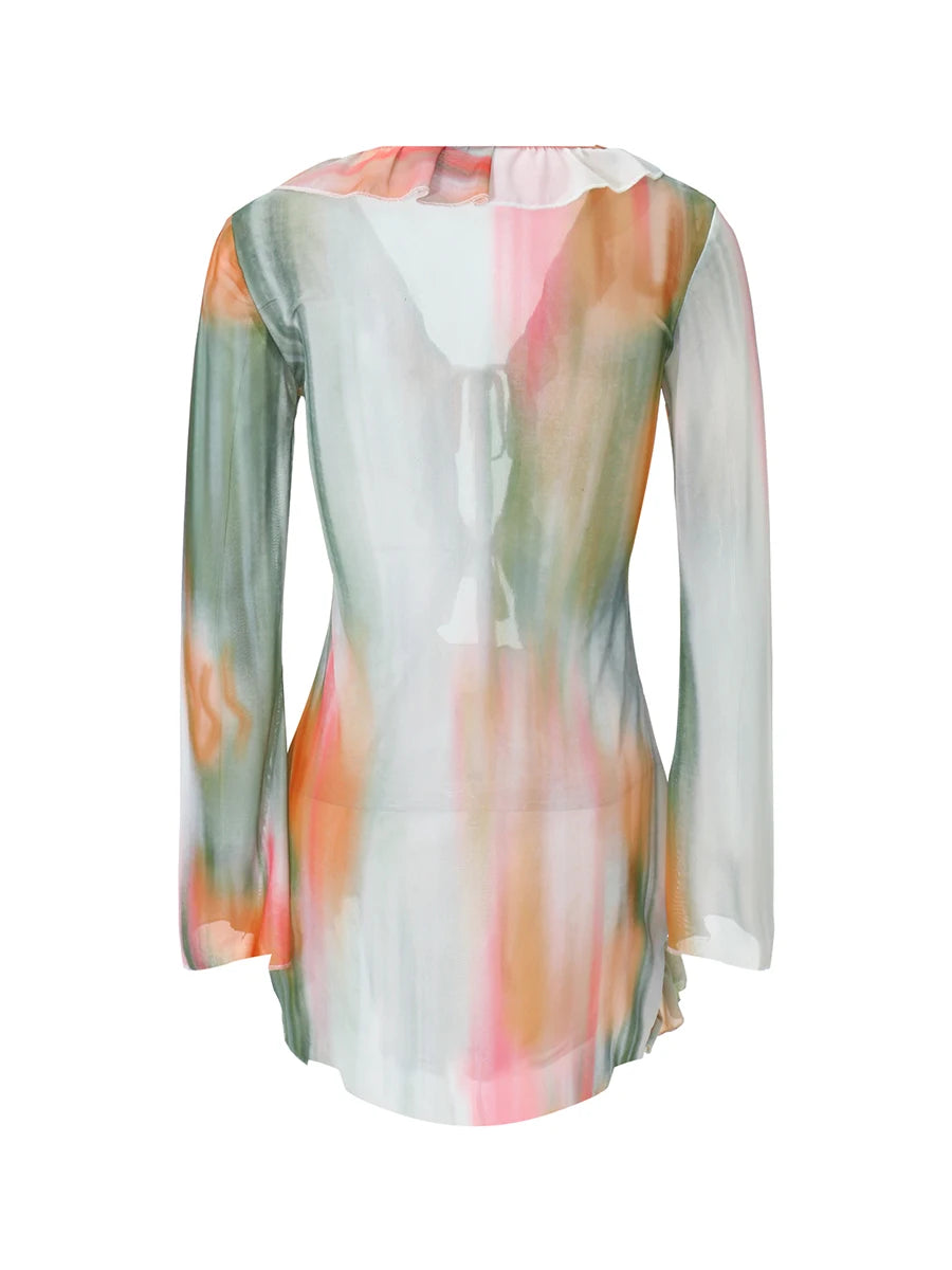 Women Mini Dress Long Sleeve Lacing Tie-dye Print Patchwork Slit Bodycon Dress for Club Party