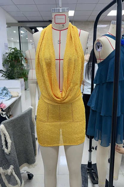 Women Sexy Deep V Neck Mini Dress Sequin Knit Bodycon Halter Cowl Neck Short Dress Y2k Backless Party Dresses Rave Outfit