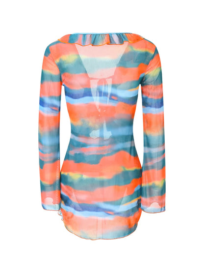 Women Mini Dress Long Sleeve Lacing Tie-dye Print Patchwork Slit Bodycon Dress for Club Party