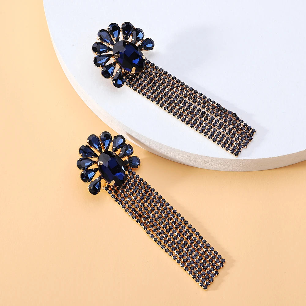 DERSONA Elegant Long Tassel Charm Dangle Earrings for Women Trendy Luxury Geometric Flower Crystal Glass Jewelry
