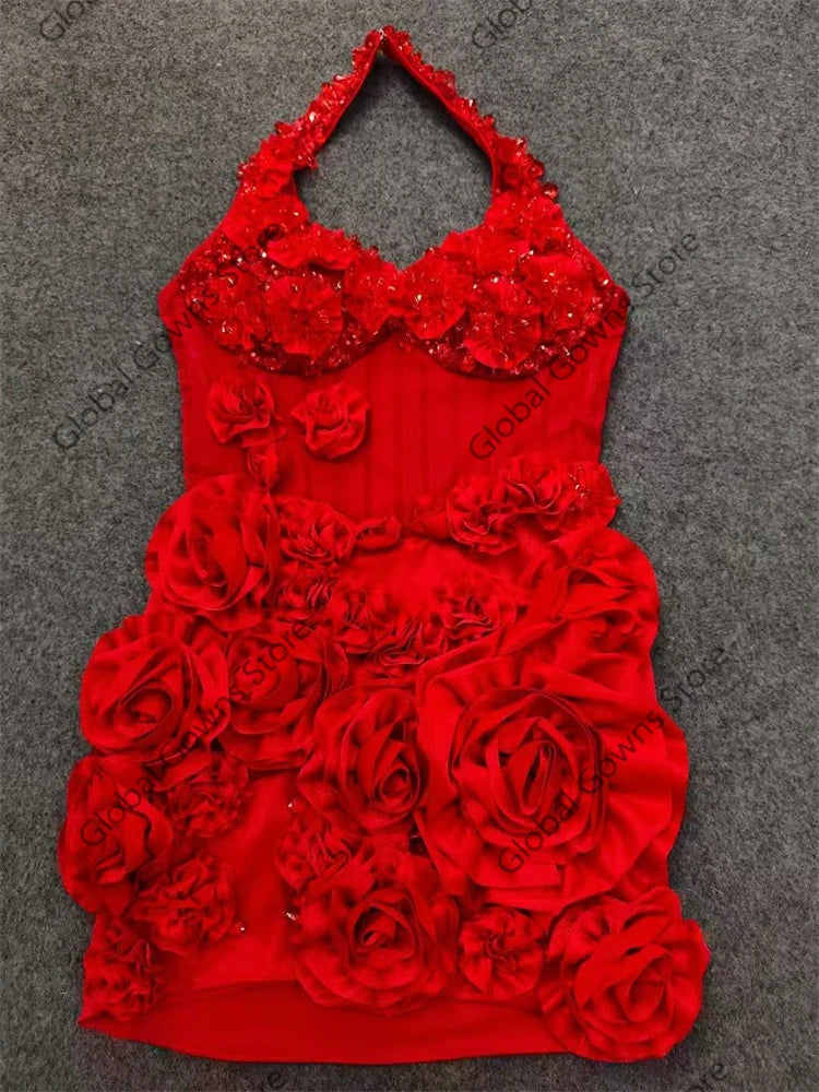 DERSONA Red Blossom Mini Dress Women Beaded Flowers Short Prom Party Dresses Sleeveless Charming Floral Mini Cocktail Dress Formal Gown